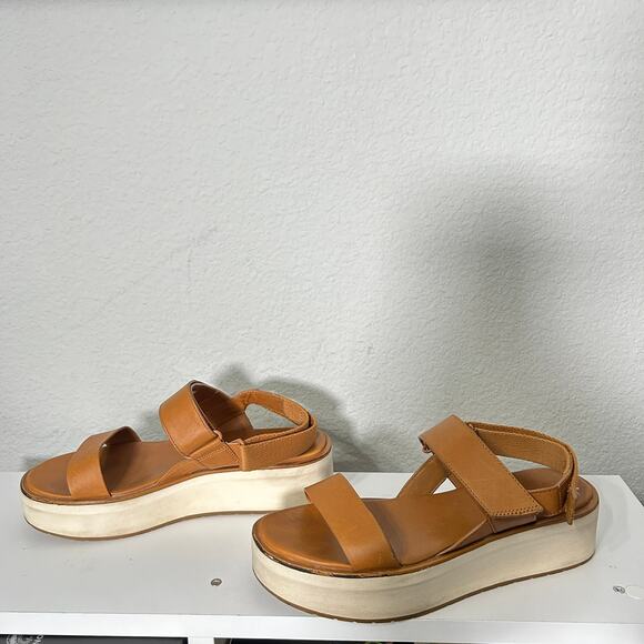 Everlane The Leather Platform Sandal Golden Brown Tan Ankle Strap White Velcro 8 - Picture 8 of 12